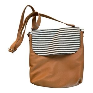 Thirty-One Tan and Black Crossbody Bag‎ with Striped Flap